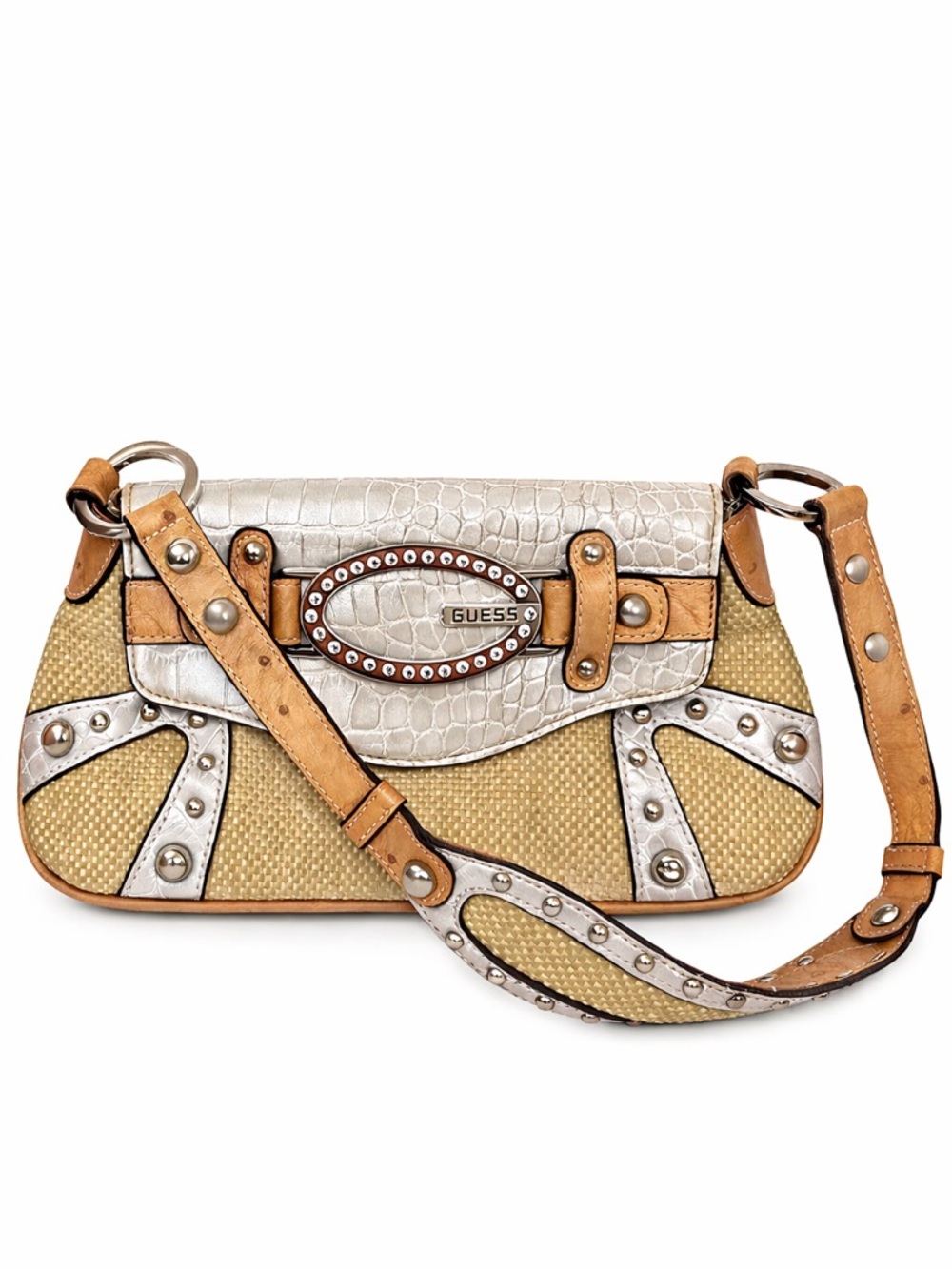 Vintage Y2K Guess Rhinestone Logo Studded Shoulder Bag Tan Woven & Silver Croc